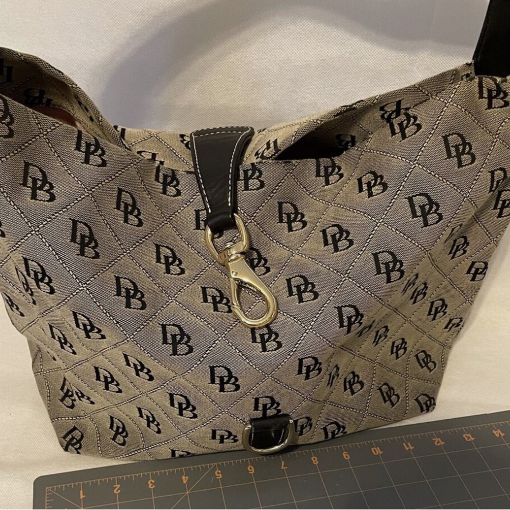 Dooney & Bourke Leather Accent Fabric DB Signature Logo Lock Tulip Satchel Purse